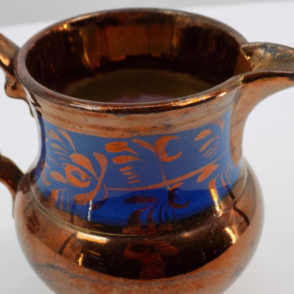 Antique Staffordshire Copper Lustreware Creamer Handpainted Blue Band 4.37" tall - Picture 7 of 7
